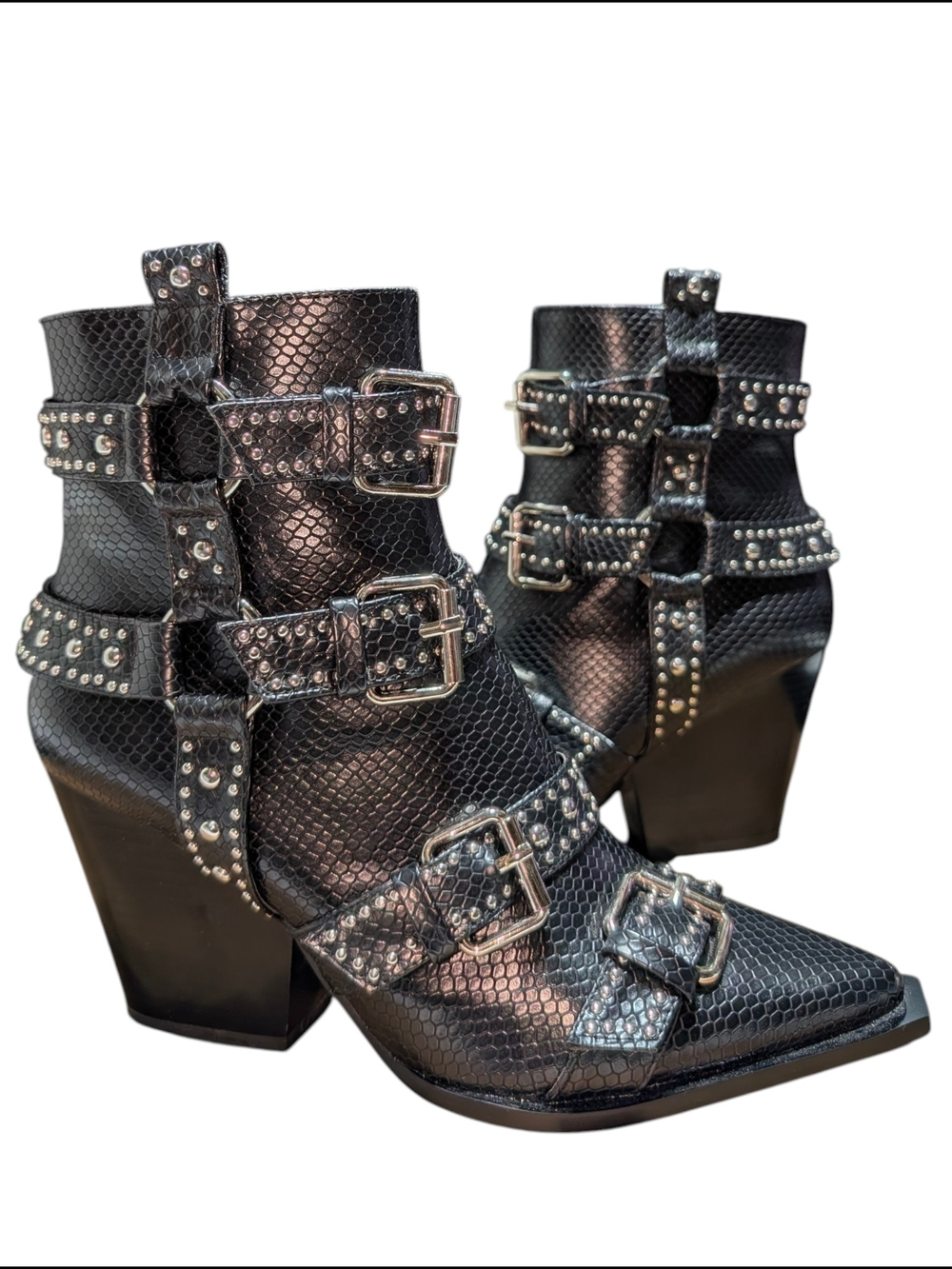 Women's 8.5 Black Studded Point Ankle Booties Buckle Harness Faux Snakeskin